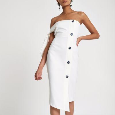 River Island Womens White Tie Sleeve Button Bandeau Bodycon Dress