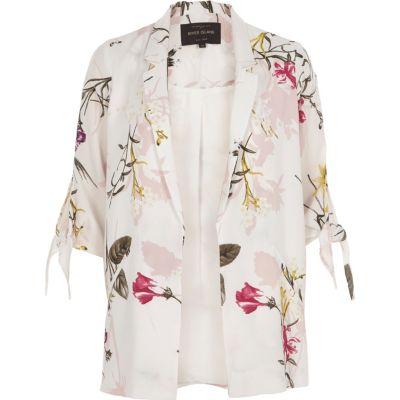 River Island Womens White Floral Print Tie Sleeve Blazer