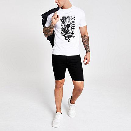 River Island Mens White Sequin Skull Slim Fit T-shirt