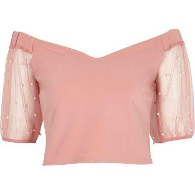 River Island Womens Bardot Mesh Puff Sleeve Crop Top