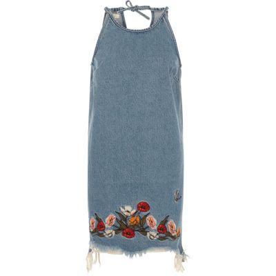 River Island Womens Floral Embroidered Raw Cut Denim Dress