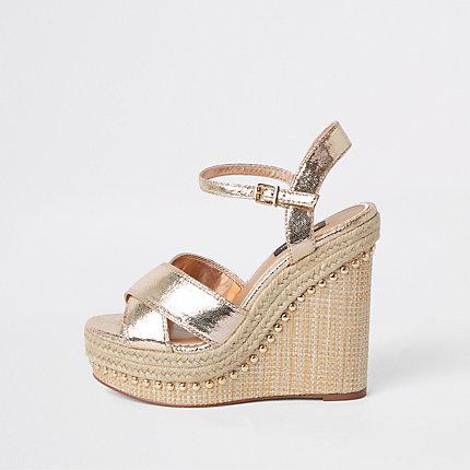 River Island Womens Gold Wide Fit Metallic Platform Wedges