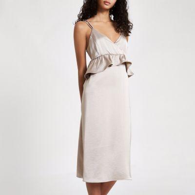 River Island Womens Silver Satin Frill Strappy Slip Dress