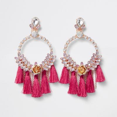River Island Womens Jewel Hoop Tassel Drop Earrings