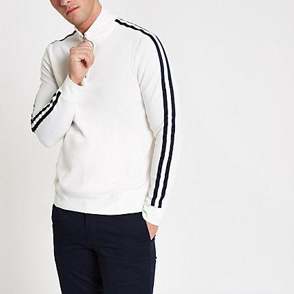 River Island Mens White Funnel Zip Neck Tape Side Sweatshirt