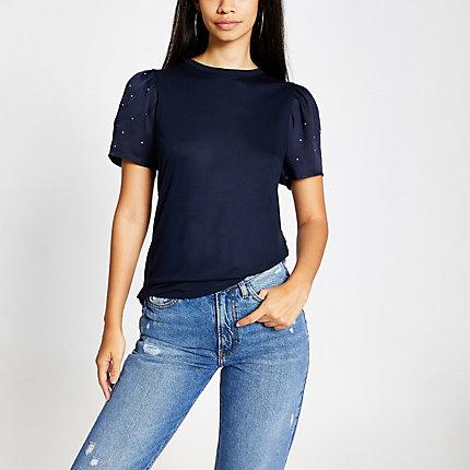 River Island Womens Embellished Puff Sleeve T-shirt