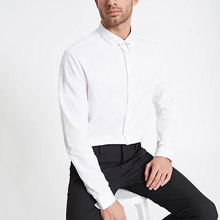 River Island Mens White Jacquard Slim Fit Collar Chain Shirt