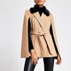 River Island Womens Faux Fur Collar Belted Cape Jacket