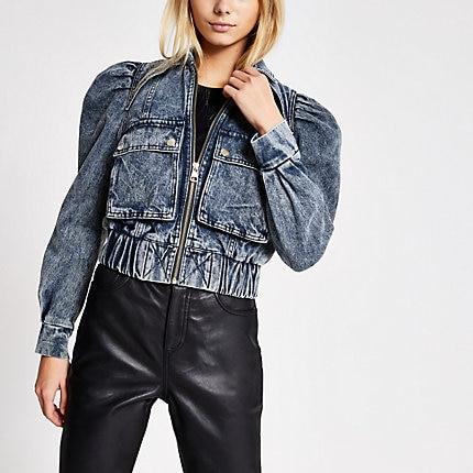 River Island Womens Cropped Puff Sleeve Denim Jacket