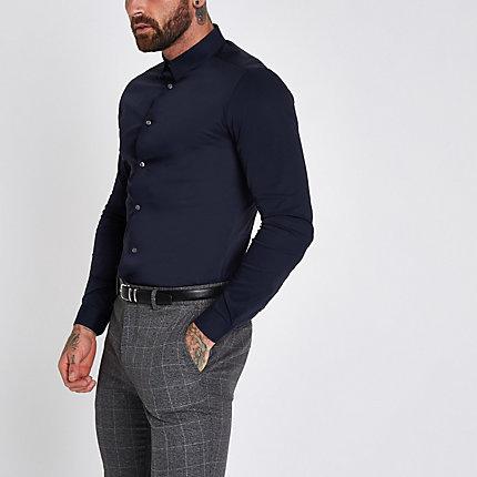 River Island Mens Muscle Fit Poplin Long Sleeve Shirt
