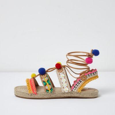 River Island Womens Pom Pom Tie Up Espadrille Sandals