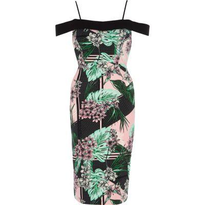 River Island Womens Tropical Bardot Bodycon Midi Dress