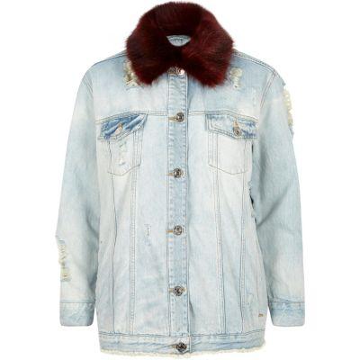 River Island Womens Fur Collar Oversized Denim Jacket