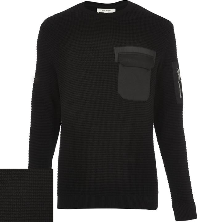 River Island Mensblack Knitted Minimal Pocket Jumper