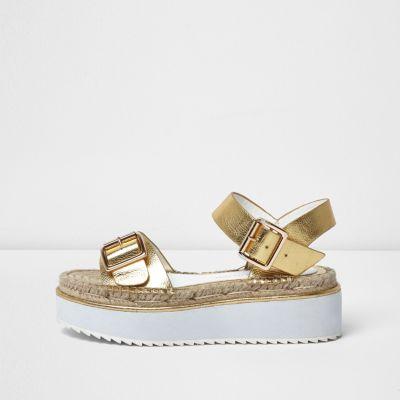 River Island Womens Gold Metallic Flatform Espadrille Sandals