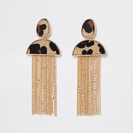 River Island Womens Gold Tone Leopard Tassel Earrings