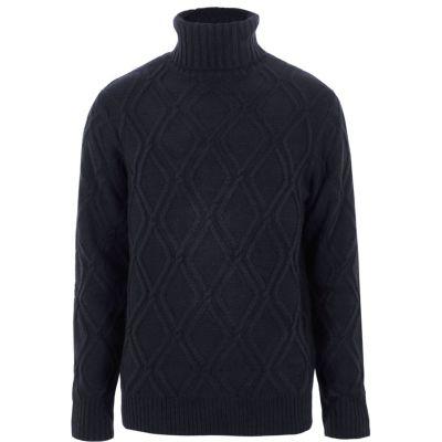 River Island Mens Diamond Knit Roll Neck Sweater