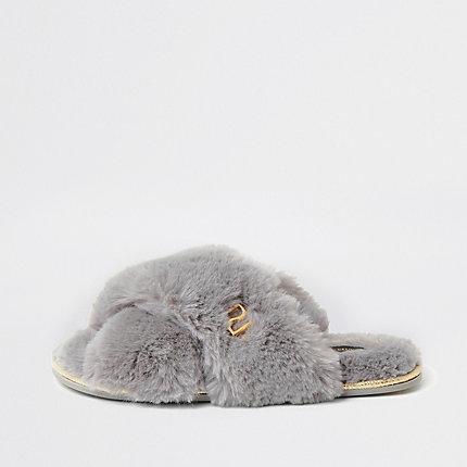River Island Womens Faux Fur Cross Over Mule Slipper