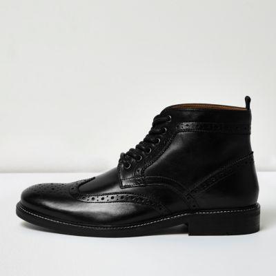 River Island Mensblack Leather Brogue Boots