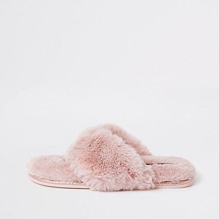 River Island Womens Diamante Faux Fur Flip Flop Slippers
