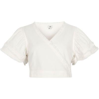 River Island Womens Denim Wrap Frayed Trim Crop Top