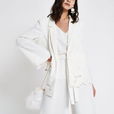 River Island Womens White Lace Embroidered Hem Blazer