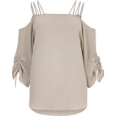 River Island Womens Strappy Ruched Sleeve Cold Shoulder Top