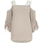 River Island Womens Strappy Ruched Sleeve Cold Shoulder Top