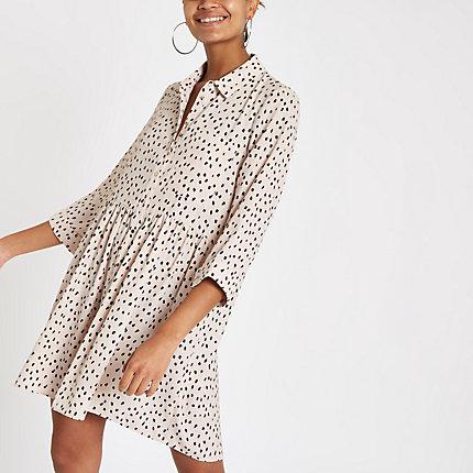 River Island Womens White Spot Long Sleeve Shirt Dress