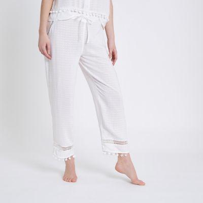 River Island Womens White Pom Pom Trim Lace Pyjama Bottoms