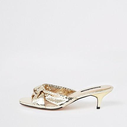 River Island Womens Gold Bow Kitten Heel Mules