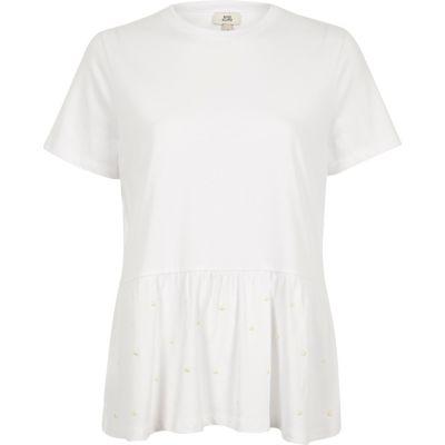 River Island Womens White Faux Pearl Embellished Peplum T-shirt