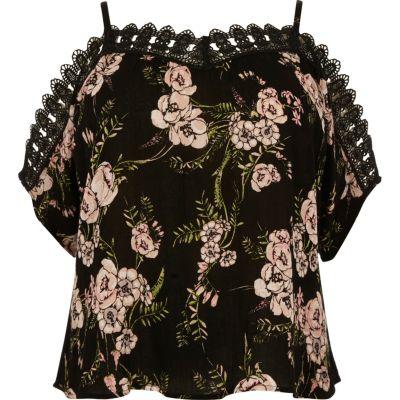 River Island Womens Plus Floral Crochet Cold Shoulder Top