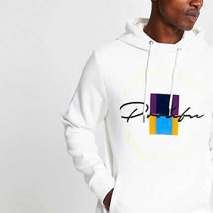 River Island Mens White Prolific Crest Embroidered Slim Hoodie