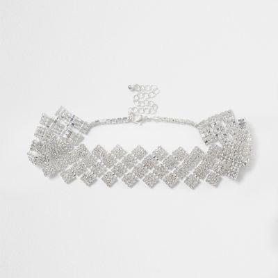 River Island Womens Silver Tone Diamond Diamante Choker