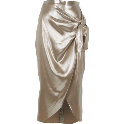 River Island Womens Silver Metallic Tie Front Wrap Skirt