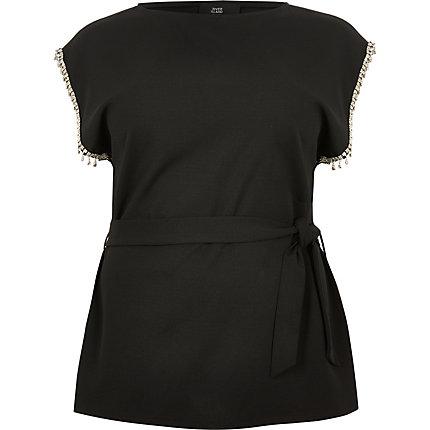 River Island Womens Plus Embellished Trim Tie Belted Top