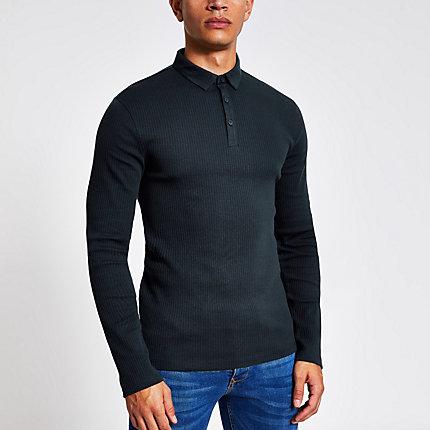 River Island Mens Long Sleeve Muscle Fit Rib Polo Shirt