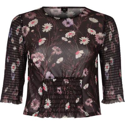 River Island Womens Mesh Floral Print Shirred Crop Top