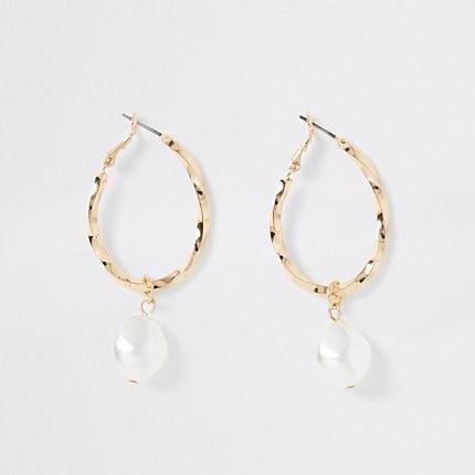 River Island Womens Gold Color Pearl Twist Hoop Earrings
