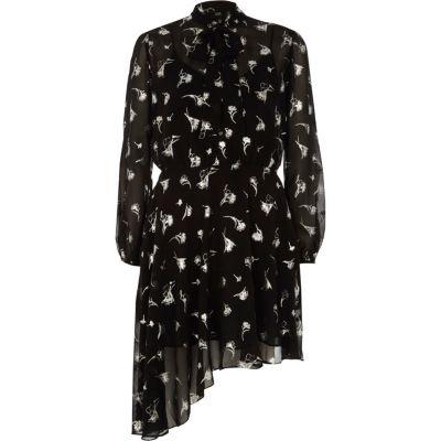 River Island Womens Silver Floral Print Tie Neck Dress