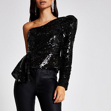 River Island Womens Petite Sequin One Shoulder Peplum Top