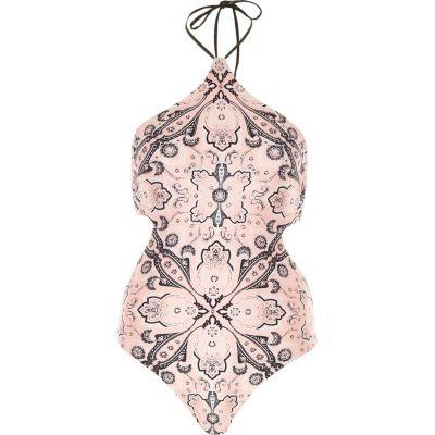 River Island Womens Scarf Print Cut Out Halter Neck Swimsuit