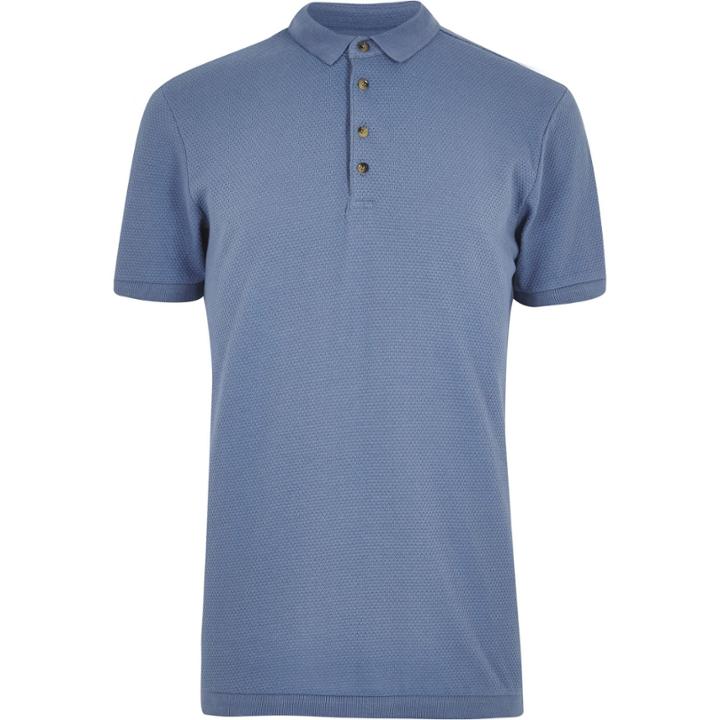 River Island Mensblue Textured Polo Neck