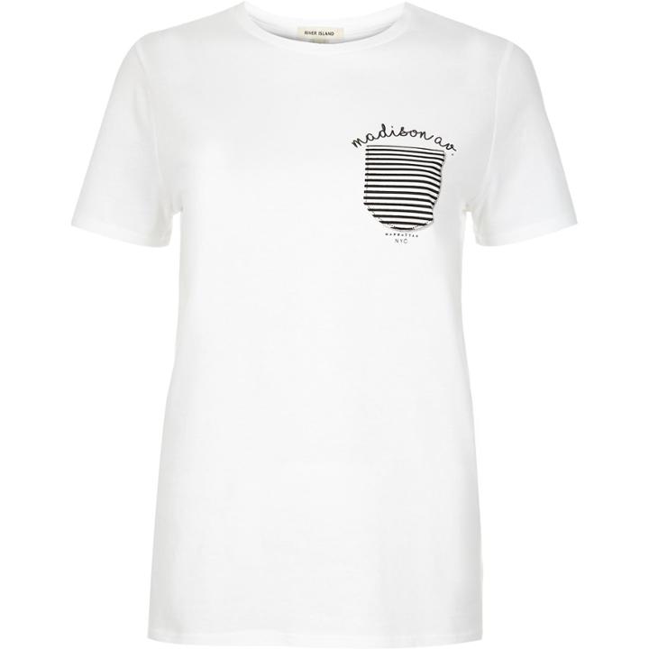 River Island Womens White Stripe Pocket Fitted T-shirt
