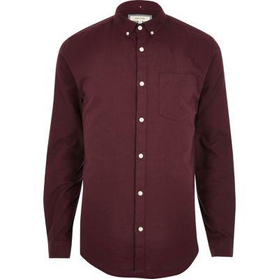 River Island Mens Burgunduy Long Sleeve Slim Fit Oxford Shirt
