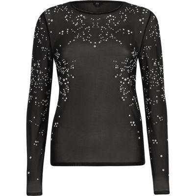 River Island Womens Sheer Faux Pearl Mesh Long Sleeve Top