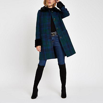 River Island Womens Check Button Faux Fur Trim Swing Coat