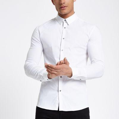 River Island Mens White Poplin Long Sleeve Muscle Fit Shirt