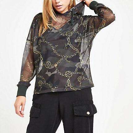 River Island Womens Camo Mesh Hoodie